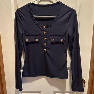 Navy Long Sleeve Buttoned Women's Top
